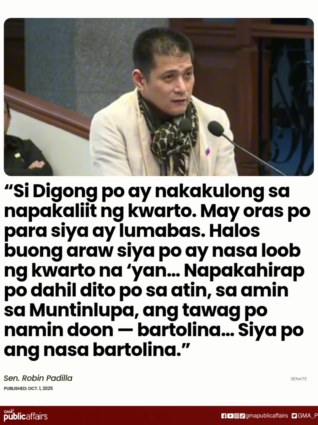 SEN. ROBIN PADILLA, SINABING NASA ‘BARTOLINA’ SI FPRRD Sa kanyang pahayag ngayong araw kung bakit dapat paboran ang panawagang house arrest para kay dating Pangulong Rodrigo Duterte, ipinaliwanag ni Robin ang pagkakaiba ng pagkakakulong sa Pilipinas at sa ibang bansa. Aniya, “Iba po kapag hindi ka nakakulong sa sarili mong bayan”.