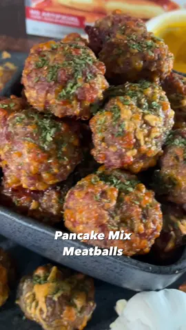 These Pancake Mix Meatballs are the ultimate crowd-pleaser! 🧀🥞 Juicy sausage gets mixed with Hungry Jack Pancake Mix, cheddar, and a touch of garlic for a golden, flavorful appetizer or breakfast bite. Serve them hot with your favorite dipping sauce and watch them disappear fast!  SAVE ad a party appetizer, game-day snack, or even a fun breakfast twist! Ingredients: *2 (16 oz) rolls pork sausage  *1 ½ cups Hungry Jack Pancake Mix *4 cups shredded cheddar cheese *¼ cup onion, finely grated *1 tsp minced garlic *¼ cup milk *½ tsp black pepper *1 Tbsp chopped parsley *Cooking spray Instructions: 1. Preheat oven to 375°F. Lightly coat a rimmed baking sheet with cooking spray. 2. In a large bowl, combine sausage, pancake mix, cheddar, onion, garlic, milk, and black pepper. Mix until thoroughly combined. 3. Roll mixture into 1-inch balls and place on the prepared baking sheet. 4. Bake 20–25 minutes, or until browned and cooked through. 5. Sprinkle with parsley and serve warm with your favorite dipping sauce (ranch, BBQ, or spicy mustard all work great). #eeeeeats #instayum #thefeedfeed #buzzfeed #f52grams                     