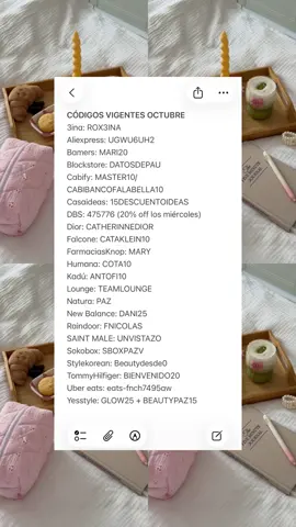 Códigos vigentes octubre 🛒🧚🫦✨ atentos a actualización cyber y deja en los comentarios si conoces algún código que no esté en la lista ♥️👀✨ #codigos #promociones #fyp #chile #codigosdedescuento 