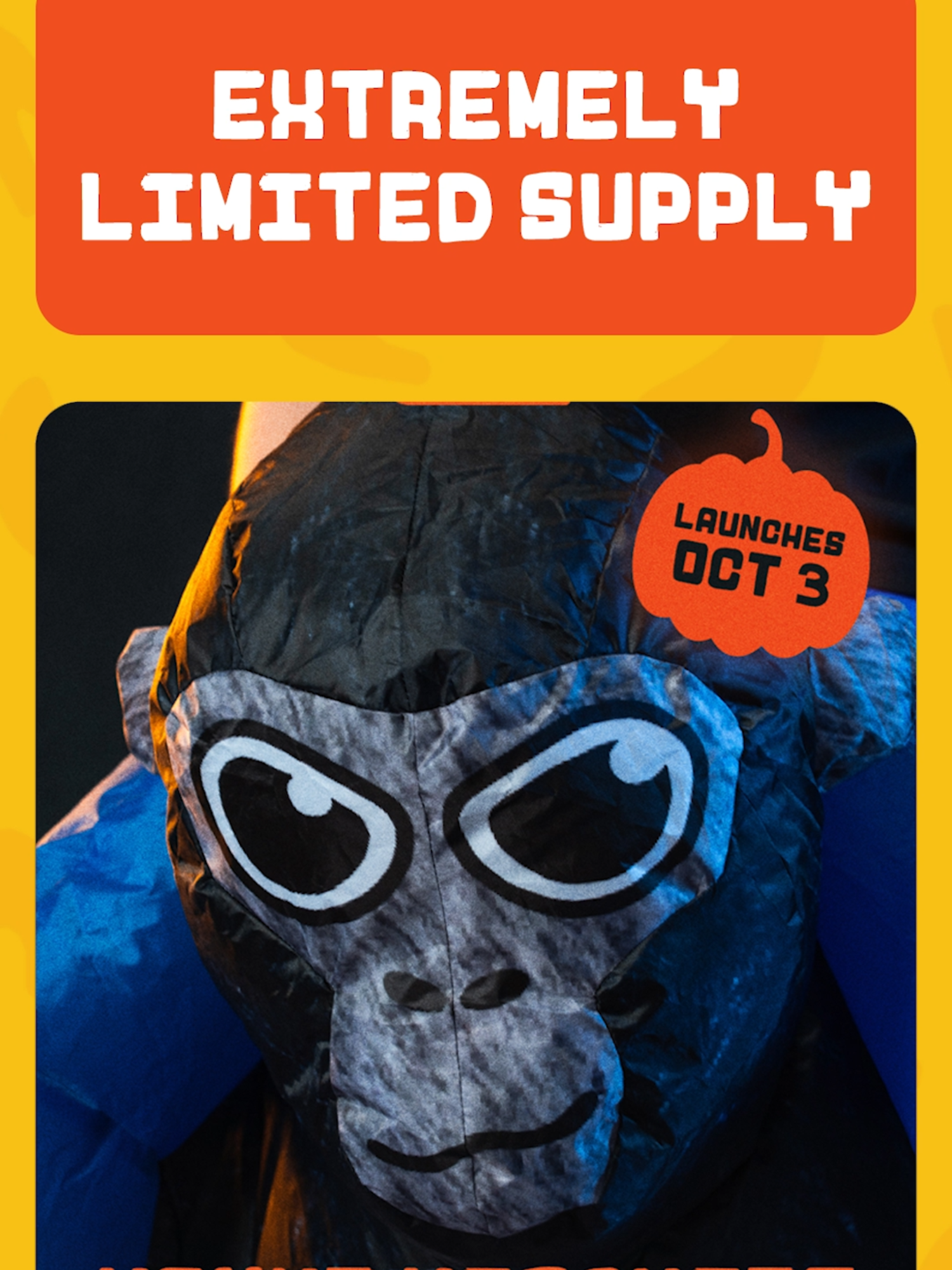 Trick or Treat! The Official Gorilla Tag Monke Halloween Costume Drops 10/3 at shop.gorillatagvr.com #gorillatag #halloween #costume #monkey #gorilla