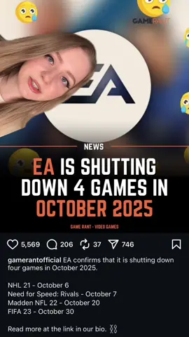 The shut down of EA servers is starting October 2025.  NHL 21 - October 6 Need for Speed: Rivals - October 7 Madden NFL 22 - October 20 FIFA 23 - October 30 #EAbuyout #EAnews #EA 