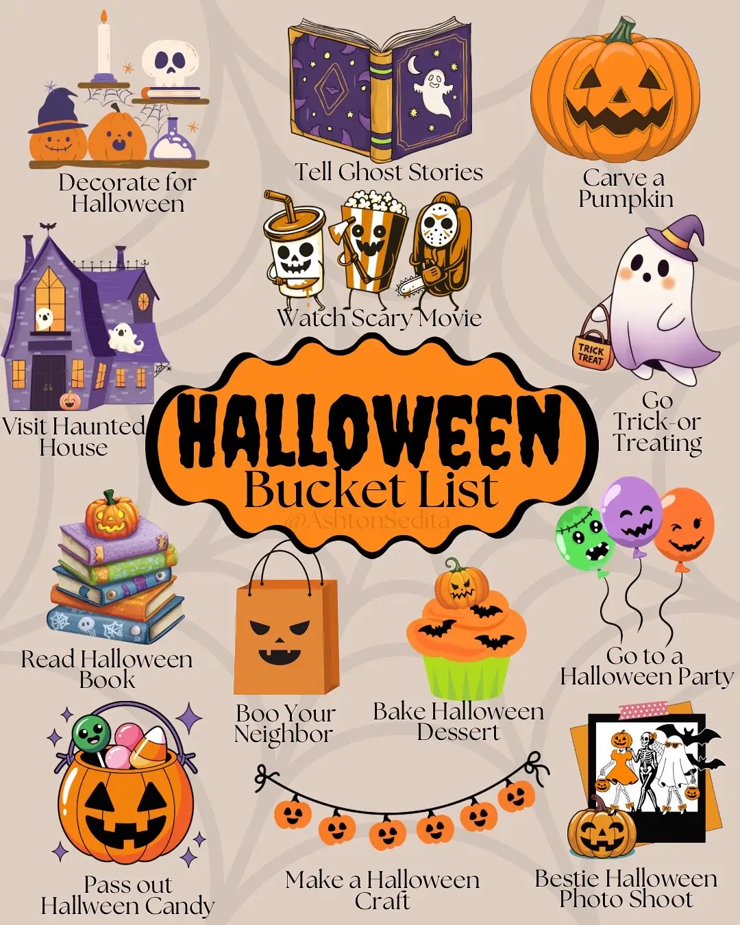🎃👻 Ready to make this October spook-tacular? Here’s your ultimate Halloween Bucket List 🕷️✨ From carving pumpkins to boo-ing your neighbor, baking festive treats, and snapping ghostly photos with your besties—this list has all the must-do spooky season fun! 🧡🖤 Which one are you checking off first? 👇 Follow me for more festive DIYs, recipes, and Halloween inspo all season long! 🎃 #FestiveFun