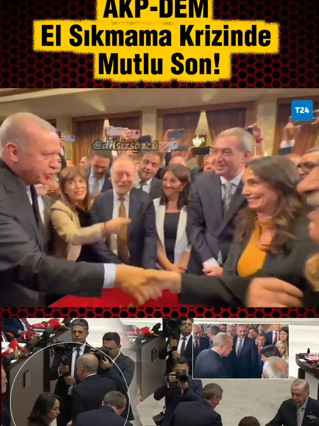 TBMM yeni yasama yılı açılışı için meclise gelen Cumhurbaşkanı Erdoğan, parti liderleriyle tek tek el sıkışırken, DEM Parti eş genel başkanı Tülay Hatimoğulları'nın elini sıkmaması gündem olmuştu. AKP'den bir heyet gün içinde DEM Parti'yi ziyaret edip durumun yanlış anlaşıldığını aktarmıştı.  Akşam meclisteki resepsiyonda Erdoğan, yine DEM Partili ekibi ziyaret etti. Erdoğan, DEM'liler tek tek el sıkışırken Tülay Hatimoğulları'nı yine tanımadı. DEM Partililer, Hatimoğulları'nın kim olduğunu gösterdi. Erdoğan: Kusura bakmayın, bugün öyle bir hatamız oldu. Söyledin değil mi? Hatimoğulları: Söyledi, bir sorun yok başkanım. #receptayyi̇perdoğan #tülayhatimoğulları #siyaset 