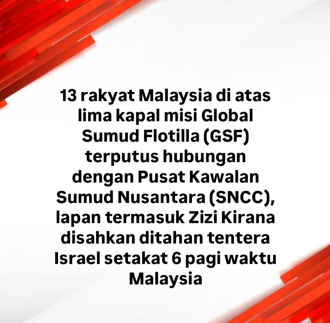 Seramai 13 rakyat Malaysia di atas lima kapal misi Global Sumud Flotilla (GSF) terputus hubungan dengan Pusat Kawalan Sumud Nusantara (SNCC). Lapan termasuk Zizi Kirana disahkan ditahan tentera Israel setakat 6 pagi waktu Malaysia. Anda boleh baca berita penuh di portal Sinar Harian di www.sinarharian.com.my atau swipe up di IG story serta jangan lupa follow IG @sinarharian untuk berita terkini dalam dan luar negara. #sinarharian #beritaterkini #GSG #misikemanusiaan 