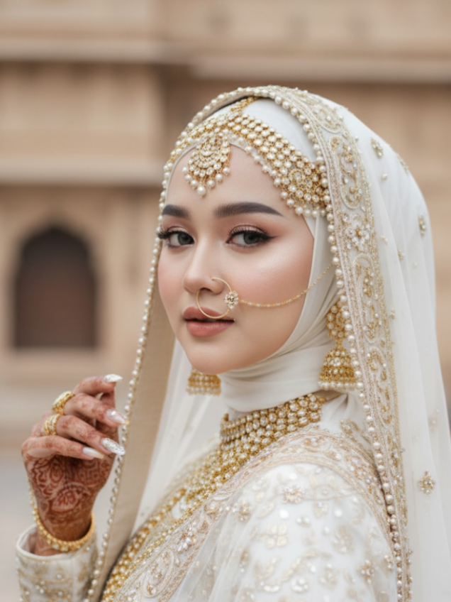 Next bikin yg warna apa ya? 😍 Prompt : Potret ultra realistis seorang wanita berhijab dengan wajah asli yang dipertahankan sepenuhnya persis seperti foto referensi. Ia mengenakan hijab bridal putih elegan yang rapat menutup seluruh kepala dan leher, menempel rapi di dahi, terlihat jelas dan tidak tertutup seluruhnya oleh kain lain, berhias bordiran emas mewah. Di atas hijab, kain tipis transparan (dupatta pengantin India) menjuntai lembut dengan bordiran emas elegan dan butiran mutiara di pinggirnya. Busana bridal India (lehenga/bridal outfit) warna putih bersih dengan sulaman emas berkilau dan detail permata mewah, desain hijab friendly yang menutup penuh hingga leher dan dada, sopan tanpa bagian tubuh terbuka. Dilengkapi inner putih di dalam agar aurat tertutup rapi. Aksesoris khas pengantin India: maang tikka emas dengan mutiara di tengah dahi, anting chandelier emas besar, kalung emas bertingkat tebal, gelang-gelang emas berlapis, nose ring tradisional India (nath) berlapis emas dengan rantai tipis terhubung ke telinga, serta cincin rantai (haathphool) yang menempel ke pergelangan tangan.  Makeup bridal India: kulit flawless, eyeshadow shimmering gold-rose, eyeliner winged tegas memanjang ala mata India, bulu mata lentik panjang, blush lembut, bibir pink natural glossy.  Badan sedikit diputar ke samping, kepala menoleh anggun ke arah kamera dengan tatapan mata lembut penuh misteri, senyum tipis romantis. Satu tangan terangkat anggun di dekat wajah sambil memegang ujung dupatta tipis, memperlihatkan detail nail art pengantin mewah warna putih dengan aksen emas, glitter, dan kristal kecil pada kuku rapi memanjang.  Pencahayaan soft light yang menonjolkan kilau emas, detail busana, serta nail art. Angle eye-level medium close-up (kepala sampai pinggang). Tone warna dominan putih & emas, mewah, romantis, dan elegan. Latar bangunan khas India. Kualitas HD, ultra-detailed, sangat realistis. #geminiai #aigenerated #bajuindia