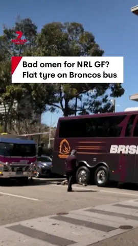 Will the Broncos bus come to a halt this weekend? Brisbane needed a tyre changed as they trained in Sydney Olympic Park ahead of Sunday's NRL Grand Final against the Storm at Accor Stadium. #brisbanebroncos #melbournestorm #nrl #nrlgf #rugbyleague