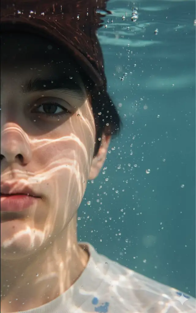 Ultra-detailed hyper-realistic close-up portrait of the person from the reference photo, preserving all unique facial features. Only the left half of the face is shown, submerged underwater, with one eye in sharp focus placed at the far left of the frame. Light rays create dynamic caustic patterns across the skin. Suspended water droplets and tiny bubbles add depth and realism. Cinematic underwater lighting with soft shadows and crisp highlights.