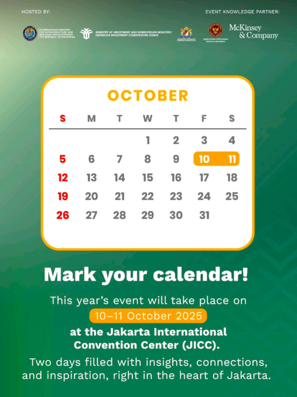 Indonesia International Sustainability Forum (ISF) 2025 akan diselenggarakan pada 10–11 Oktober 2025 di Jakarta International Convention Center (JICC). Dengan tema “Investing for a Resilient, Sustainable, and Prosperous World”, forum ini mengangkat isu strategis pembangunan berkelanjutan, antara lain ketahanan pangan dan air, transportasi berkelanjutan, bioenergi, hilirisasi mineral, serta penguatan sumber daya manusia di era kecerdasan buatan. Bagi Indonesia, ISF 2025 merupakan bagian dari pertahanan nirmiliter untuk memperkuat ketahanan bangsa melalui diplomasi, inovasi, kemandirian industri, dan peningkatan kesejahteraan rakyat. Mari bersama memperkokoh pertahanan bangsa melalui keberlanjutan dan solidaritas global.  ________ The Indonesia International Sustainability Forum (ISF) 2025 will be convened on 10–11 October 2025 at the Jakarta International Convention Center (JICC). With the theme “Investing for a Resilient, Sustainable, and Prosperous World”, the forum will address strategic issues of sustainable development, including food and water security, sustainable transportation, bioenergy, mineral downstreaming, and the strengthening of human capital in the era of artificial intelligence. For Indonesia, ISF 2025 represents an integral part of non-military defence—enhancing national resilience through diplomacy, innovation, industrial independence, and the advancement of people’s welfare. Together, let us fortify national defence through sustainability and global solidarity. #Kemhan #KemhanRI #ISF2025 #Sustainability  #IndonesiaInternationalSustainabilityForum