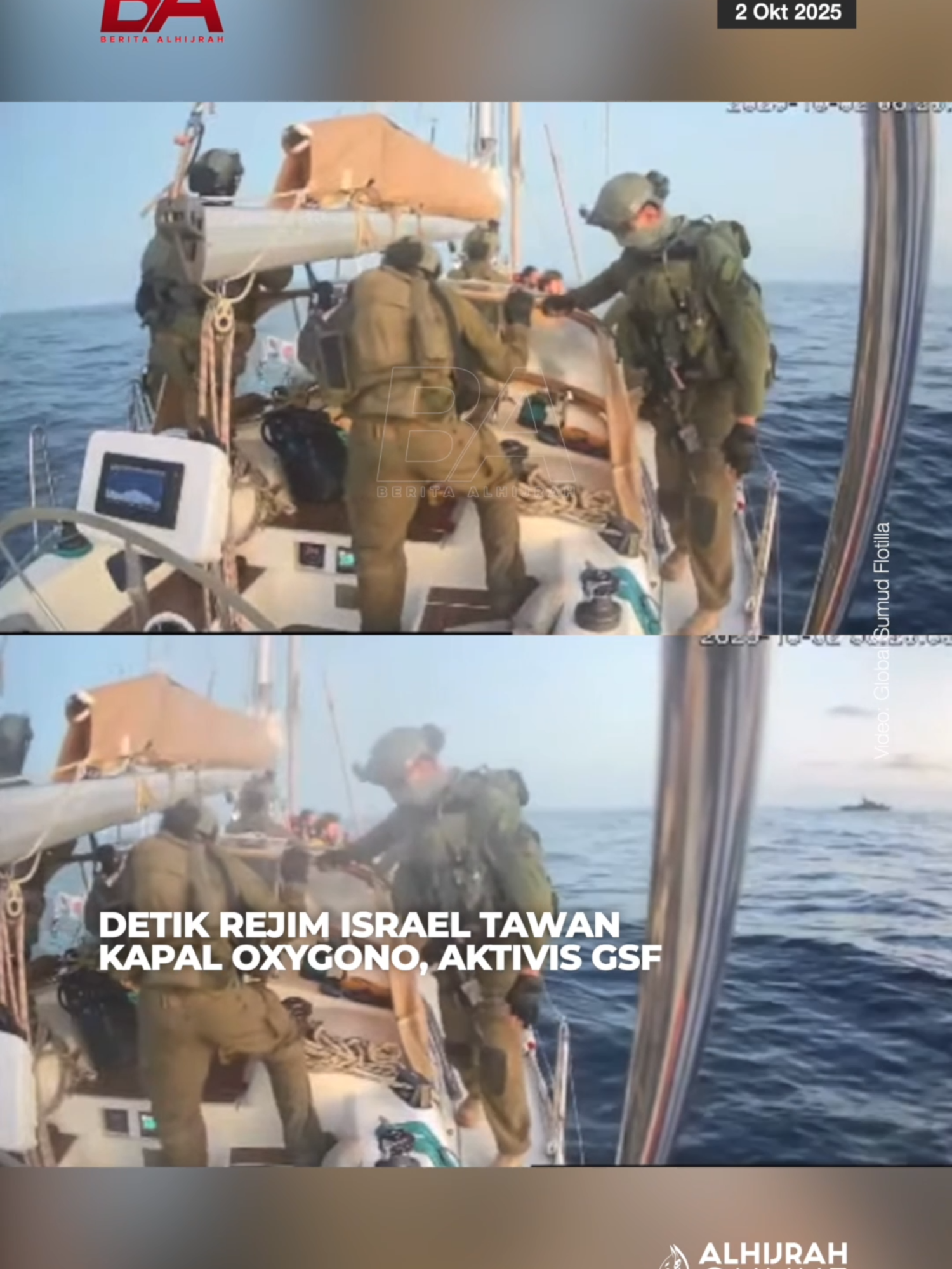 Rakaman jelas detik rejim Israel menawan salah sebuah kapal misi Global Sumud Flotilla (GSF), Oxygono sebelum menahan aktivis yang berada di kapal tersebut. Penahanan tersebut disahkan oleh Global Sumud Flotilla menerusi Flotilla Tracker.