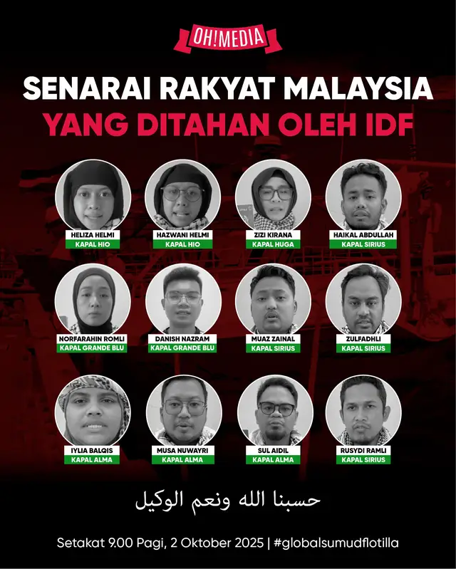 Seramai 12 rakyat Malaysia setakat ini telah ditahan secara tidak sah oleh IDF di perairan antarabangsa dalam misi Global Sumud Flotilla (GSF). Sama-sama kita doakan keselamatan mereka 🤲🏻 #ohmedia #mf 