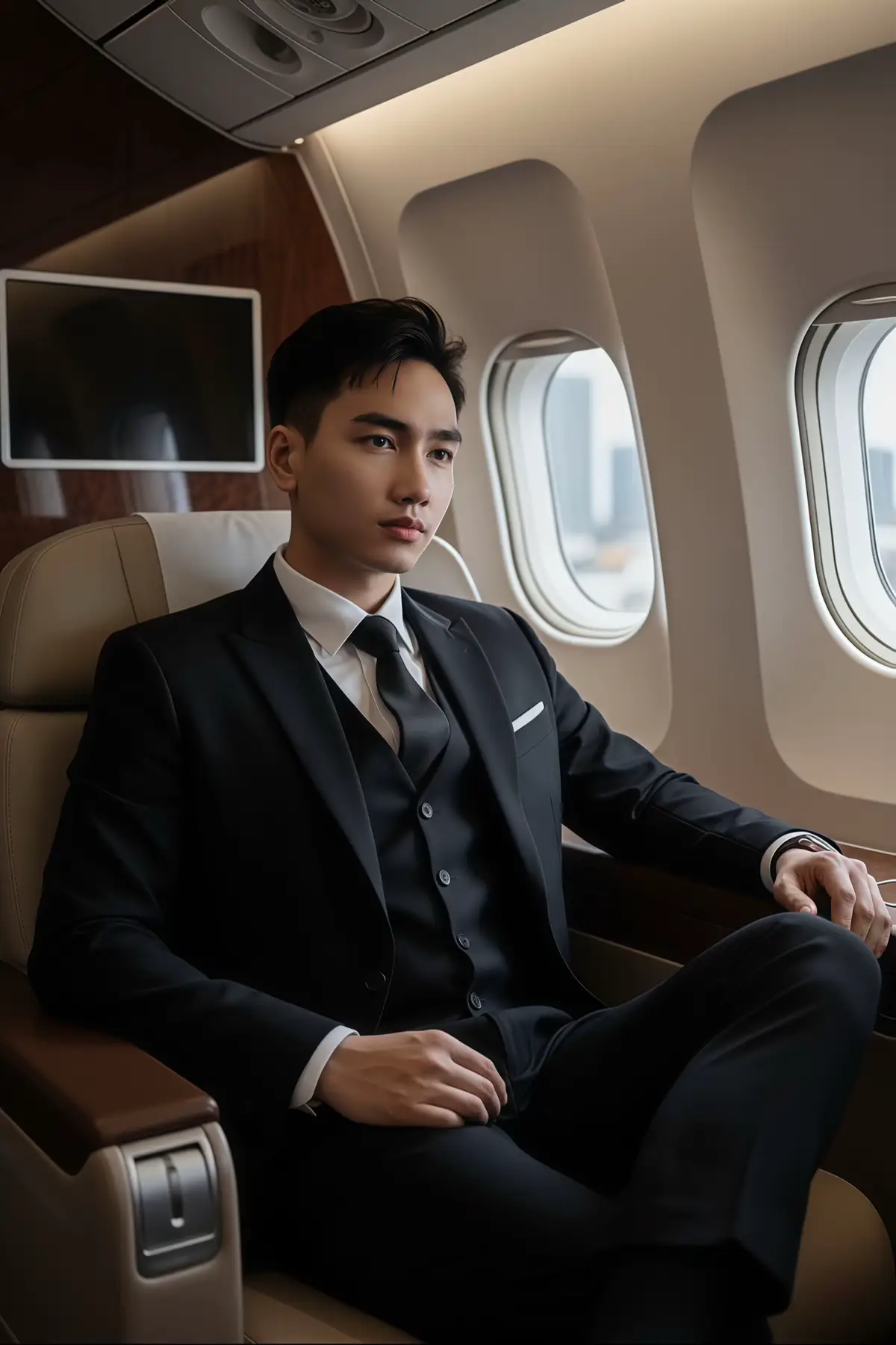 1. Open Gemini 📲 2. Upload Your Photo 📸 3. Paste The Prompt 👇 A high-resolution fashion portrait of a confident young man, a cinematic portrait of a handsome young man in the style of a CEO. He is wearing a black high-class suit, white shirt, and a delicate tie. He sits comfortably in the business class seat of the plane, the light from the window shining on his face, highlighting his cold, attractive demeanor. The background of the luxurious interior of the plane, exquisite details, the atmosphere of a successful businessman. Keep the original face #JANG_AI #GEMINI 