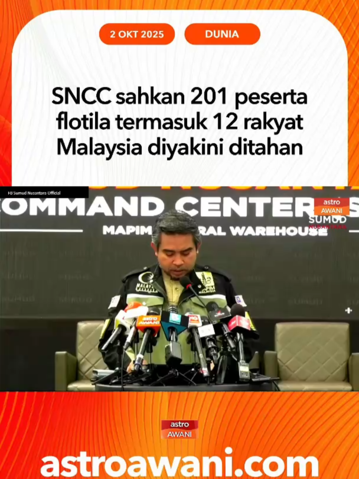 Ketua Pengarah Sumud Nusantara Command Center (SNCC), Datuk Sani Araby Abdul Alim Araby memaklumkan SNCC melaporkan seramai 201 daripada 497 orang peserta flotila termasuk 12 orang rakyat Malaysia yang terdiri daripada 7 lelaki dan juga 5 wanita antara delegasi yang diyakini ditahan. Ikuti berita terkini di https://grid.astroawani.com #AWANInews