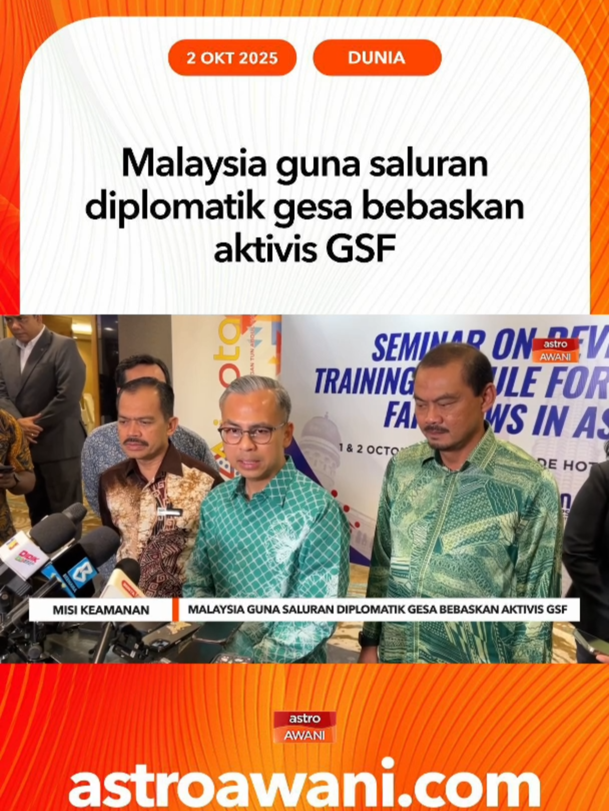 Menteri Komunikasi, Datuk Fahmi Fadzil berkata, kerajaan menggesa agar kesemua peserta Global Sumud Flotila dalam kalangan sukarelawan misi kemanusiaan yang diculik oleh tentera laut Israel dibebaskan dan dapat pulang ke tanah air dengan segera. #AWANInews
