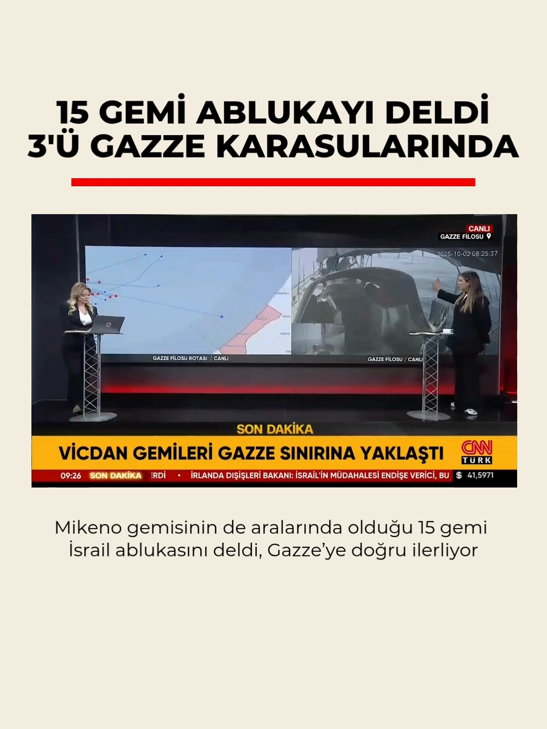 #SonDakika Küresel Sumud Filosunda yer alan 15 gemi, İsrail ablukasını deldi. Aralarında Mikeno'nun da olduğu olduğu 3 tekne ise Gazze karasularına girdi