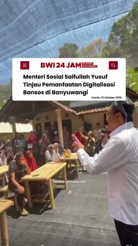 Menteri Sosial RI Saifullah Yusuf bersama pemerintah pusat dengan sejumlah lembaga negara terkait kunjungan kerja ke Banyuwangi dalam rangka peninjauan pemanfaatan bansos. Kabupaten Banyuwangi satu-satunya di Indonesia yang ditunjuk oleh pemerintah pusat sebagai pilot project Digitalisasi Bansos. Kegiatan ini berlangsung di Desa Gombengsari, Kalipuro, Banyuwangi, Kamis (02/10/2025). Hadir pula Ketua Dewan Ekonomi Nasional (DEN) Luhut Binsar Panjaitan, dan perwakilan menteri terkait serta lembaga negara lainnya. Termasuk Bupati Banyuwangi Ipuk dan jajaran. #bwi24jam #bwi24jamoktober2025