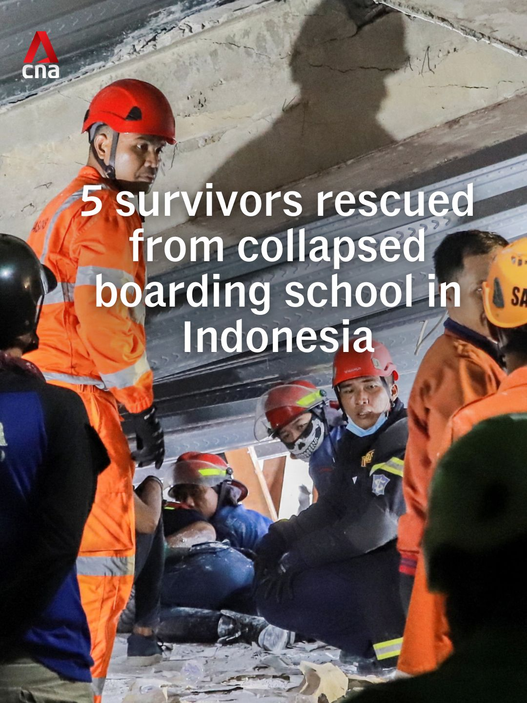 Seven people have been evacuated as of Wednesday night (Oct 1) from the rubble of a collapsed Islamic boarding school in Sidoarjo, Indonesia. Five of those pulled from the debris had survived, said Indonesia Search and Rescue Agency's operation director.  At least 59 remain missing on Oct 2. Rescuers detected 