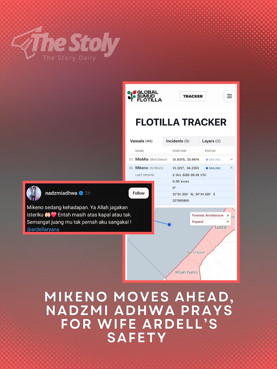 Actor Nadzmi Adhwa poured out his emotions on Threads as the Mikeno ship that carrying his wife, humanitarian volunteer Ardell Aryana moved closer to Gaza. “Mikeno is moving forward. Ya Allah, protect my wife… I don’t even know if she’s still on the ship. Your fighting spirit has never been in doubt, Ardell.” 🤲❤️ The post reflects the unwavering support of loved ones back home as the Global Sumud Flotilla continues its main mission to deliver aid to Gaza. #viral #fyp #storydaily #malaysia #newsmalaysia 