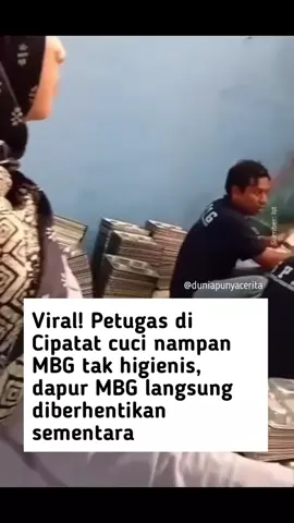 Sebuah video yang beredar di media sosial menghebohkan publik, menampilkan aktivitas petugas dapur atau Satuan Pelayanan Pemenuhan Gizi (SPPG) program Makan Bergizi Gratis (MBG) yang mencuci nampan ompreng stainless dengan cara tidak higienis. Para petugas terlihat membersihkan nampan tersebut di dalam bak tanpa menggunakan air mengalir yang steril. Dalam video tersebut, tampak tiga pegawai pria sedang mencuci nampan menggunakan spons. Mereka mencuci nampan dalam sebuah wadah berisi air sabun, lalu nampan tersebut dilemparkan ke dalam bak berisi air mengalir yang kondisinya tidak steril. Berdasarkan penelusuran, dapur MBG tersebut berlokasi di Jalan Raya Tagog Munding, Desa Citatah, Kecamatan Cipatat, Kabupaten Bandung Barat. Akibat kejadian ini, operasional SPPG dihentikan sementara karena tidak sesuai dengan standar operasional prosedur (SOP) yang ditetapkan oleh BGN. 