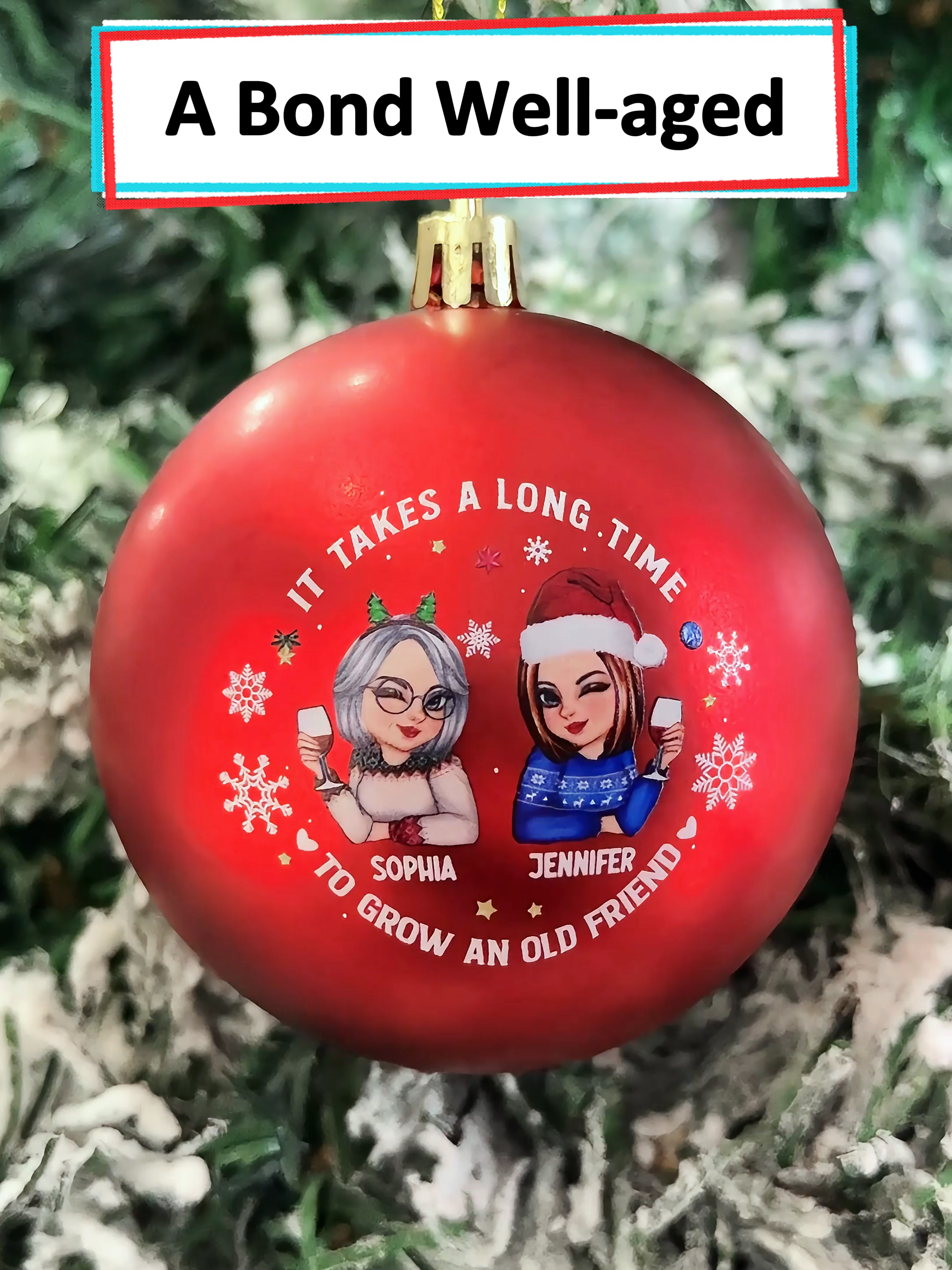 An ornament celebrating friendship that grows stronger with every passing Christmas 🎄🥂#wanderprints#personalized#gifts#christmas#olbbestfriends