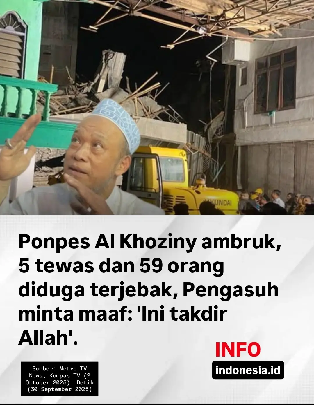 Pengasuh Pondok Pesantren Al Khoziny, KH Abdus Salam Mujib, meminta maaf kepada wali santri setelah bangunan musala ambruk pada Senin (29/9) sore kemarin. la menyebut kejadian tersebut sebagai takdir Allah. 
