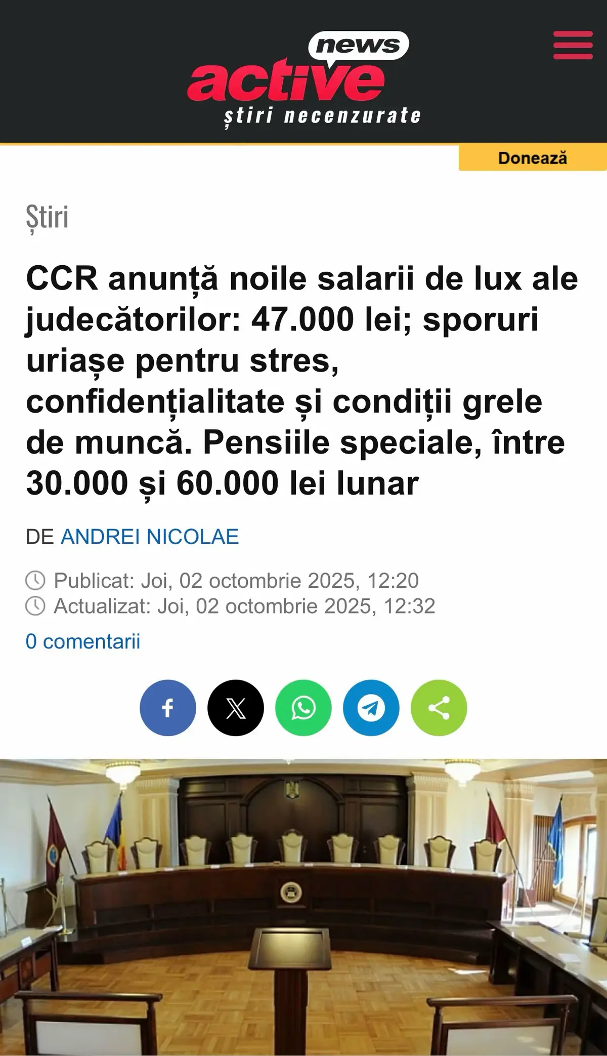 CCR a anunțat noua grilă de venituri ale judecătorilor, din care nu lipsesc: salariu - 47.000 lei brut, spor de stres - 11.700 lei, spor de confidențialitate - 2.300, potrivit Newsweek. Judecătorii iau și pensie. Unele pensii speciale ale judecătorilor CCR ajung și la 60.000 lei pe lună. În paralel, instituția va trebui să judece, în luna octombrie, proiectul de lege prin care Guvernul condus de Ilie Bolojan propune reducerea pensiilor speciale cu 25%, scrie EvZ. Pensiile speciale, între 30.000 și 60.000 lei lunar În prezent, pensiile speciale ale magistraților se ridică, în medie, la 25.000 lei net pe lună. Dacă proiectul Guvernului va fi adoptat, acestea ar urma să fie reduse la aproximativ 18.000 lei net.