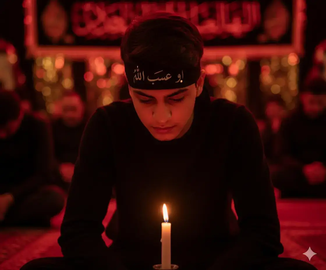اخلق لي صورة لنفس الشخص يرتدي عصابة على رأسه مكتوب فيها يا حسين واضحة بملامح حادة في الليل في مجلس حسيني باضواء حمراء وهو جالس وامام شمعه مشتعلة وينظر اليها وجسمه منحني نحوها فقط نصف جسم الشخص واضح في الصورة ويكون الغزل جيد تغبيش الخلفيه وتكون الاضاءة سينمائية والوان جميله في الصورة والشخص يرتدي اسوظ والنسبه بين الطول والعرض 3:4 وشكرا لك #كليشة #gemini #صوري 