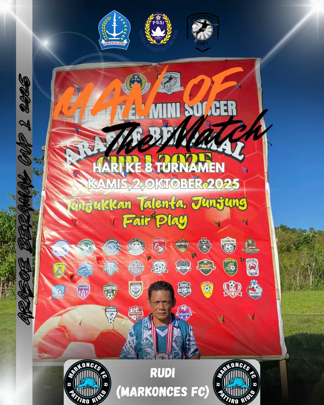 MAN OF THE MATCH PADA MATCH KE 1 DI HARI KE 8 TURNAMEN MINI SOCCER ARASOE BERAMAL CUP 1 DIBERIKAN KEPADA SAUDARA (RUDI) DARI CLUB ⚡️MARKONCES FC⚡️ #Fyp #Arasoe #beramal #cup1 #2025 #foryou