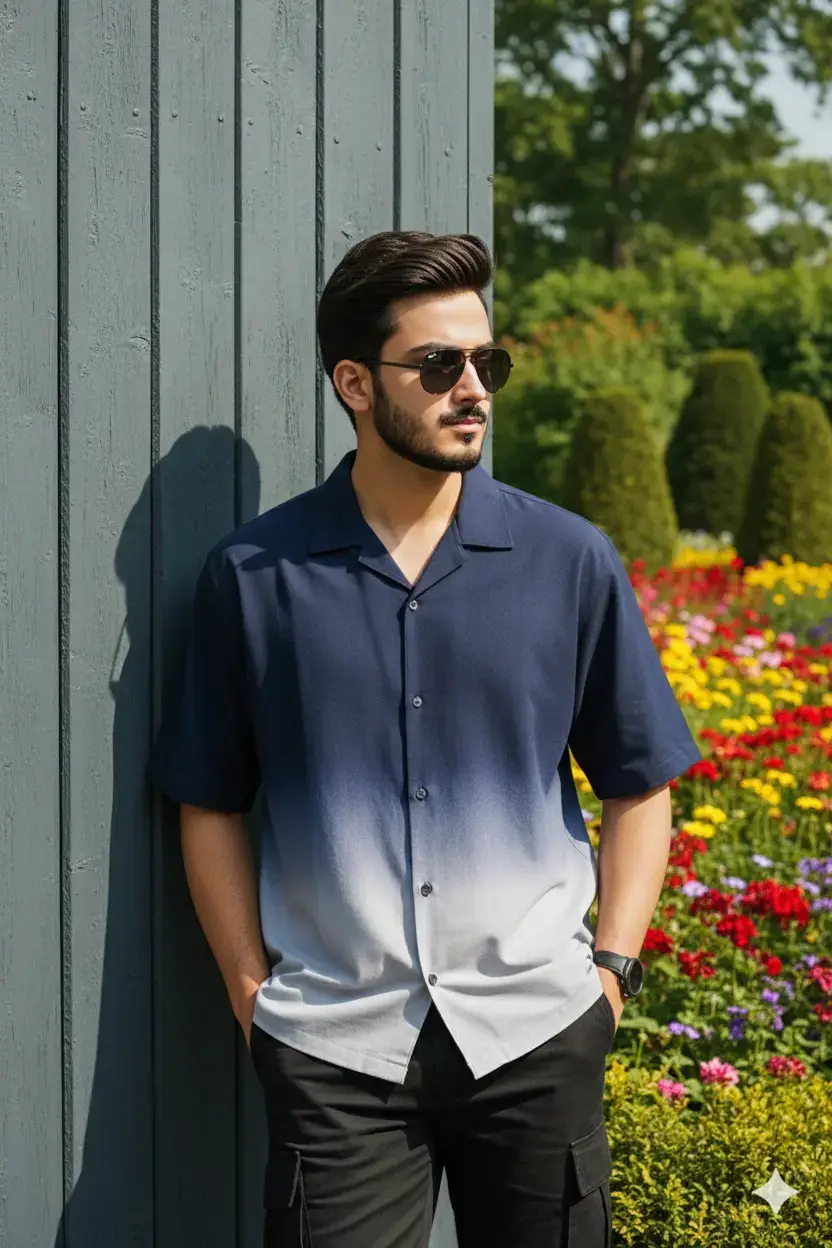 bubu 🥹 prompt :Style: Ultra-realistic, High-resolution fashion photography, Cinematic color grade, Maximum detail, 8K, Shot on a prime lens (e.g., 50mm, f/1.4). Subject: A handsome young South Asian man (early 20s, defined jawline, light stubble/beard). Outfit & Accessories: An oversized, short-sleeved collared shirt featuring a dramatic navy blue-to-light grey ombre fade. The shirt is partially unbuttoned with a relaxed, camp collar. The fabric has a subtle, repeated diamond or geometric pattern texture. Dark navy or black trousers (or dark cargo pants, as suggested by the visible pocket seam). Dark, classic square-frame sunglasses. A black digital or sport wrist watch on his left arm. Pose & Expression: Posed in a relaxed, confident manner, leaning back casually against a wall. Hands are casually slipped deep into his trouser pockets. Gaze is directed slightly off-camera/to the side, with a cool, serious, and thoughtful expression. His hairstyle is slicked-back with volume/pompadour style (as seen in the original image). Background & Setting: He is leaning against a vertical, corrugated metal or flat wall painted in a solid, cool slate or light grey color. The wall has subtle vertical lines/seams. Bright, even outdoor daylight with soft, natural light and deep shadows on the fabric folds. The atmosphere is urban and chic. High-Quality Image Prompt A cinematic, ultra-realistic, highly detailed, high-resolution portrait of a handsome young South Asian man (early 20s, defined jawline, light stubble/beard). Outfit & Accessories: He is wearing an oversized, short-sleeved collared shirt, featuring a dramatic navy blue-to-light grey ombre fade. The shirt is partially unbuttoned with a relaxed collar. He is paired with dark navy/black trousers. He is wearing dark, classic square-frame sunglasses and a black wrist watch on his left arm. Pose & Expression: He is posed in a relaxed, confident manner, leaning back casually against a wall. Both hands are casually slipped deep into his trouser pockets. His gaze is directed slightly off-camera/to the side, with a cool, serious, and thoughtful expression. His hairstyle is slicked-back with volume/pompadour style. Background & Setting: He is leaning against a vertical, corrugated metal plank wall painted in a solid, cool slate or light grey color. The wall has subtle vertical lines/seams. The lighting is bright, even outdoor daylight, with a hint of soft green nature/park blur visible in the background on the right. The atmosphere is urban and chic. Style/Quality: High-resolution, detailed fabric texture, photographic quality, cinematic color grade, 8K, shot on a high-end prime lens (e.g., 50mm, f/1.4), detailed skin texture, professional fashion photography, maximum detail A cinematic, ultra-realistic, highly detailed, high-resolution portrait of a handsome young South Asian man (early 20s, defined jawline, light stubble/beard). **Outfit & Accessories:** He is wearing an oversized, short-sleeved collared shirt, featuring a dramatic **navy blue-to-light grey ombre** fade. The shirt is partially unbuttoned. He is paired with dark navy/black trousers. He is wearing **dark, classic square-frame sunglasses** and a black wrist watch on his left arm. **Pose & Expression:** He is posed in a **relaxed, confident manner, leaning back casually** against a wall. **Both hands are casually slipped deep into his trouser pockets**. His gaze is directed slightly off-camera/to the side, with a cool, serious, and thoughtful expression. His **hairstyle is slicked-back with volume/pompadour style**. **Background & Setting:** He is leaning against a vertical, **corrugated metal plank wall** painted in a solid, **light slate or cool grey color**. The wall has subtle vertical lines/seams. The lighting is **bright, even outdoor daylight**. The atmosphere is urban and chic. #Google #Gemini #photoshoot #trending #fyppppppppppppppppppppppp 