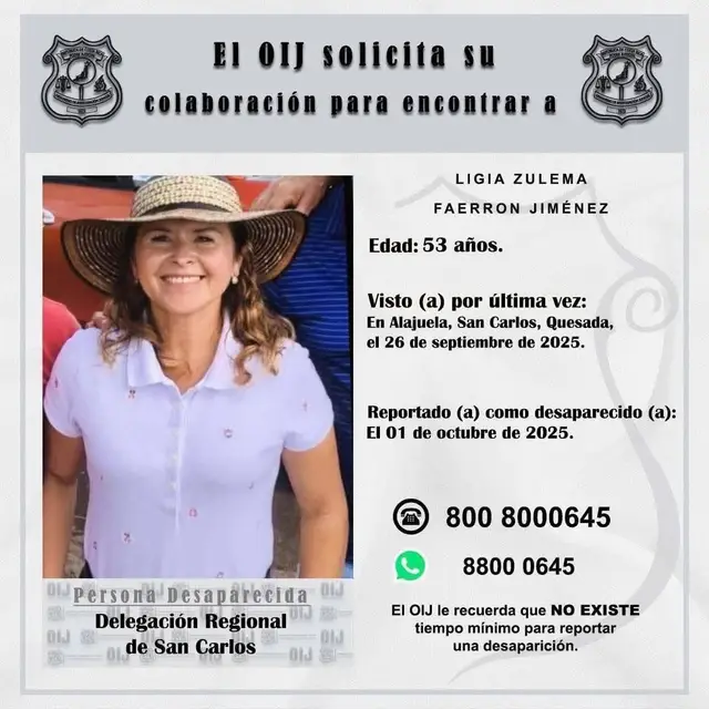 🔴#NoticiasTrivision | Misteriosa desaparición en San Carlos. Ligia Zulema Faerron Jiménez, de 53 años, desapareció el pasado 26 de septiembre y fue vista por última vez en Ciudad Quesada de San Carlos. De manera preliminar, se reportó que su casa fue hallada revuelta y su vehículo apareció desmantelado en un taller de La Palmera de San Carlos y fue publicado en redes sociales donde se vendía para repuestos. El OIJ confirmó que la vivienda de Ligia está bajo custodia mientras continúan las investigaciones.  Autoridades piden a la ciudadanía brindar información confidencial al 800-8000645 o al WhatsApp 8800-0645.