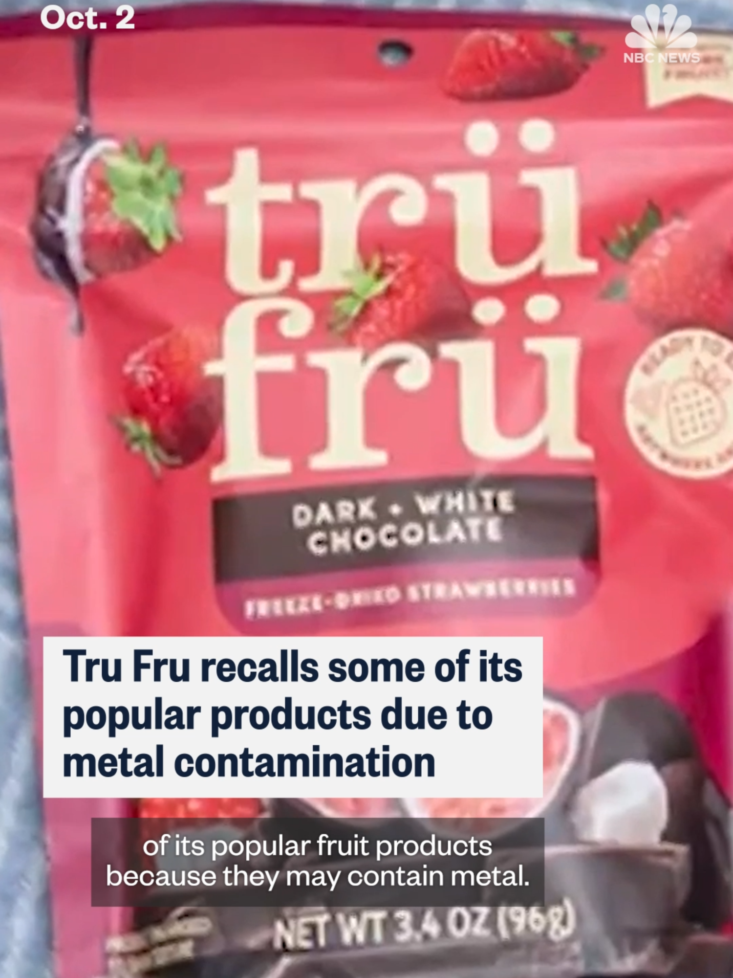 Tru Fru, LLC announced that a voluntary recall was issued on multiple varieties of #TruFru Freeze Dried products, which may be contaminated with metal.