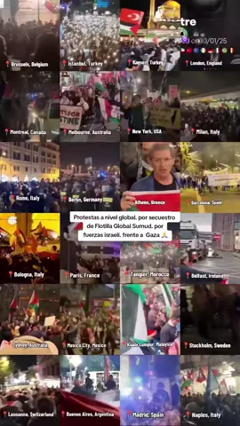 Protestas en toda Europa, Africa y Oriente Medio, por secuestro de activistas de la Flotilla Global Sumud. De parte de Israel en aguas internacionales frente a Gaza, Palestina  #globalsumudfotilla #freepalestine🇵🇸❤️ 