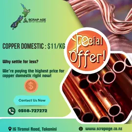 “🚨 EXTENDED 🚨 WE ARE PAYING THE HIGHEST PRICE FOR COPPER DOMESTIC THIS WEEK” Don’t miss this chance!! Visit Scrap Age at 16 Tironui Road, Takanini. Get TOP price in CASH instantly! 📍 16 Tironui Road, Takanini 📞 0508-727272 🌐 www.scrapage.co.nz “DONT LET YOUR SCRAP AGE” #scrapmetal #scrapyard #takanini #papakura #auckland 