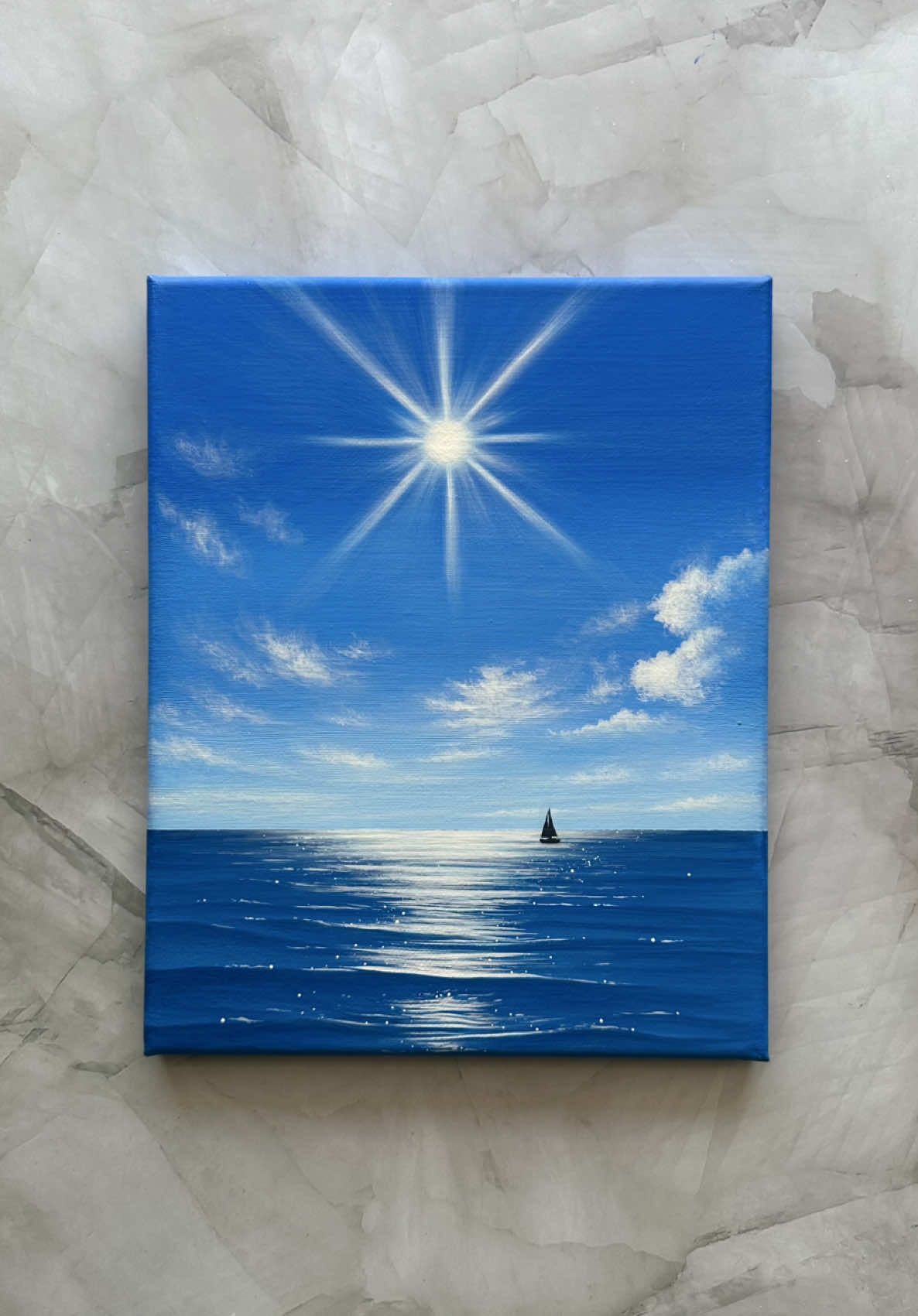 sail into light ☀️🩵🌊☁️ this painting is inspired by a photo i took in hawaii—endless blues and a glowing horizon 🥹 would you take this sail into the sunlight? ⛵ save this for your next painting inspo ✨ 🎨: navy blue, bright blue, primary blue, pale blue, pool blue, yellow, white, black #arttok #paintingprocess #acrylicpainting #artistsoftiktok #artprocess