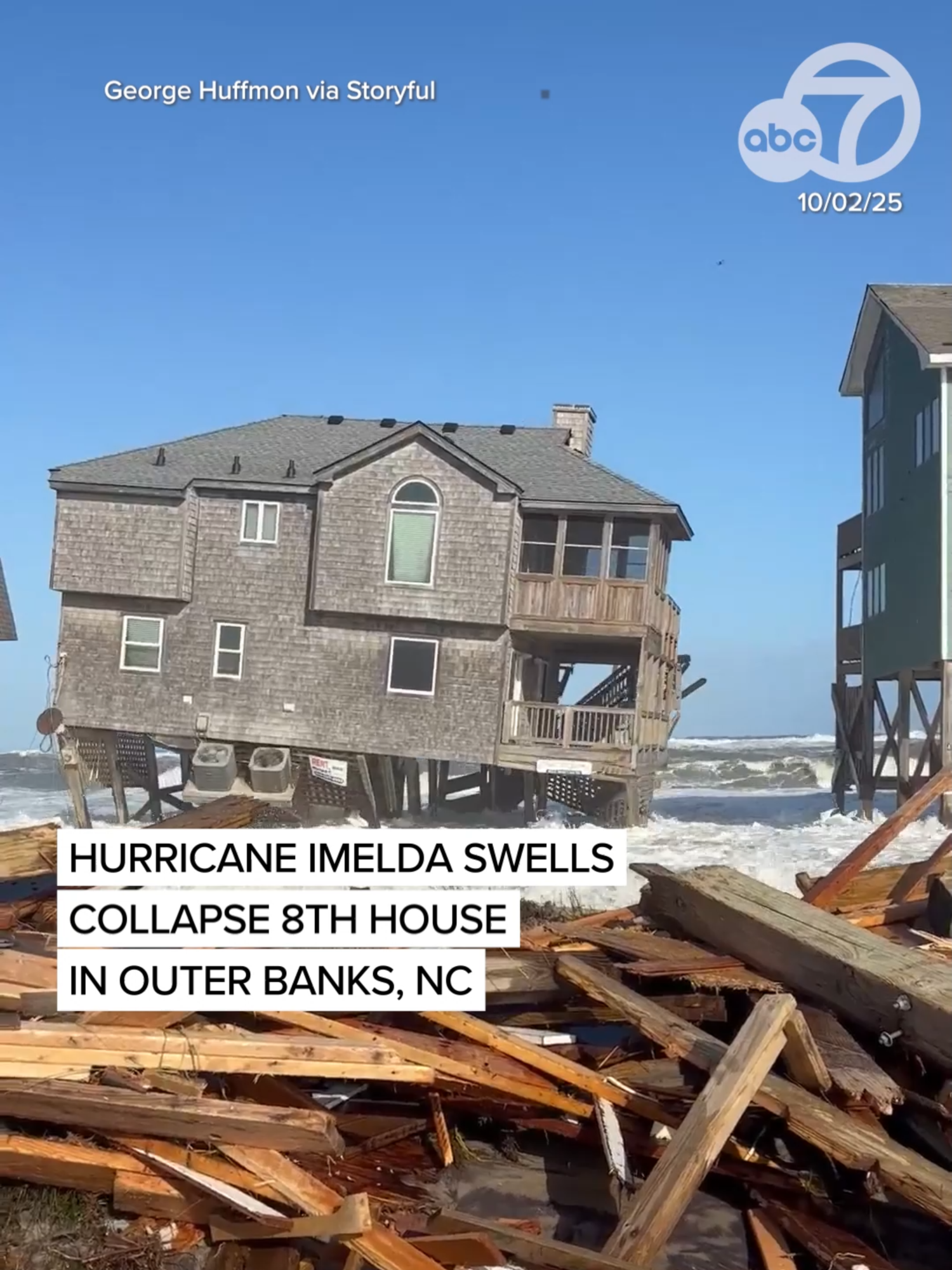 Dramatic moment an eighth home collapsed on North Carolina’s Outer Banks as large swells from Hurricane Imelda continued to slam the coast. #hurricanimelda #hurricane #storm #housecollapse #abc7news