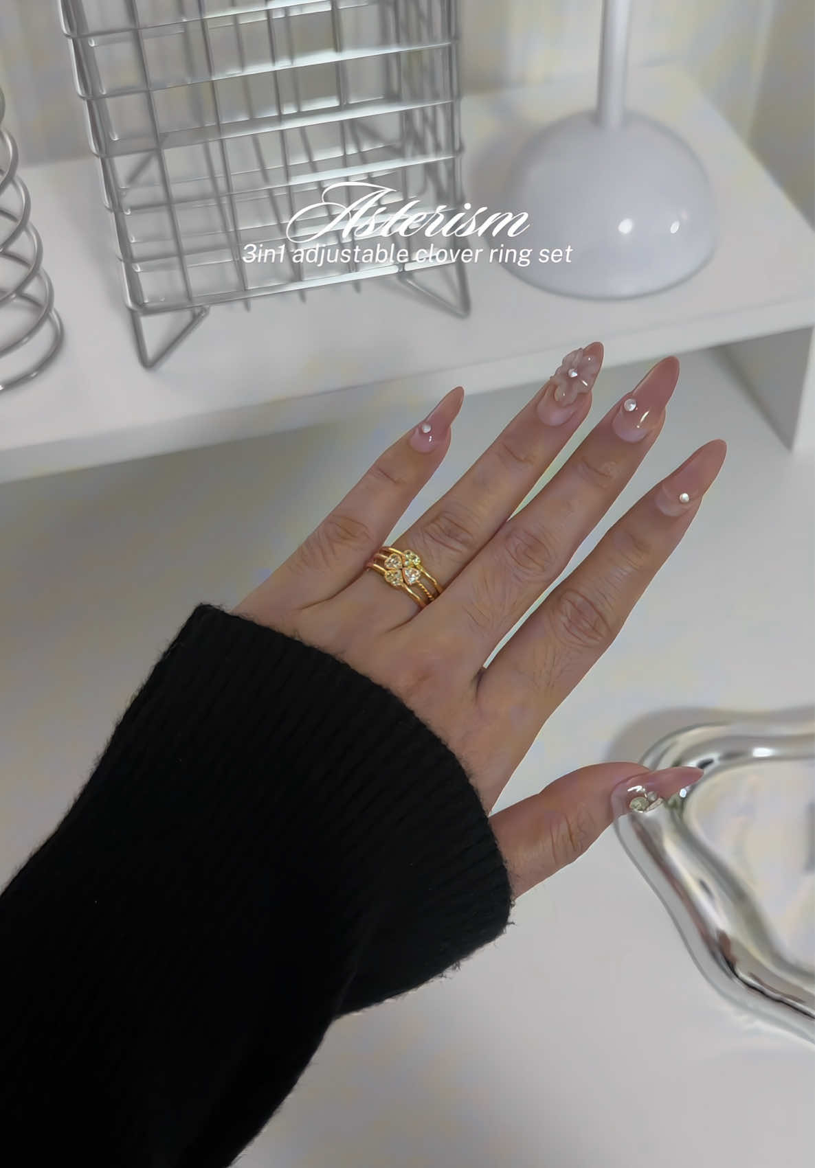 sml for this 3in1 stackable ring set ✨ non-tarnish and hypoallergenic 🤍 #asterism #asterismringset #cloverringset #cloverring #accessoriesjewelry 