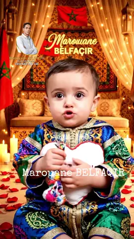Veo 3 Prompt – Romantic Moroccan Baby Scene A warm, romantic Moroccan-inspired room with soft golden lighting, flowing curtains, elegant Moroccan patterns, and candles casting a dreamy glow. Rose petals are gently scattered on the floor. The Moroccan flag and its red and green colors are subtly integrated into the décor, blending harmoniously with the scene. The name 