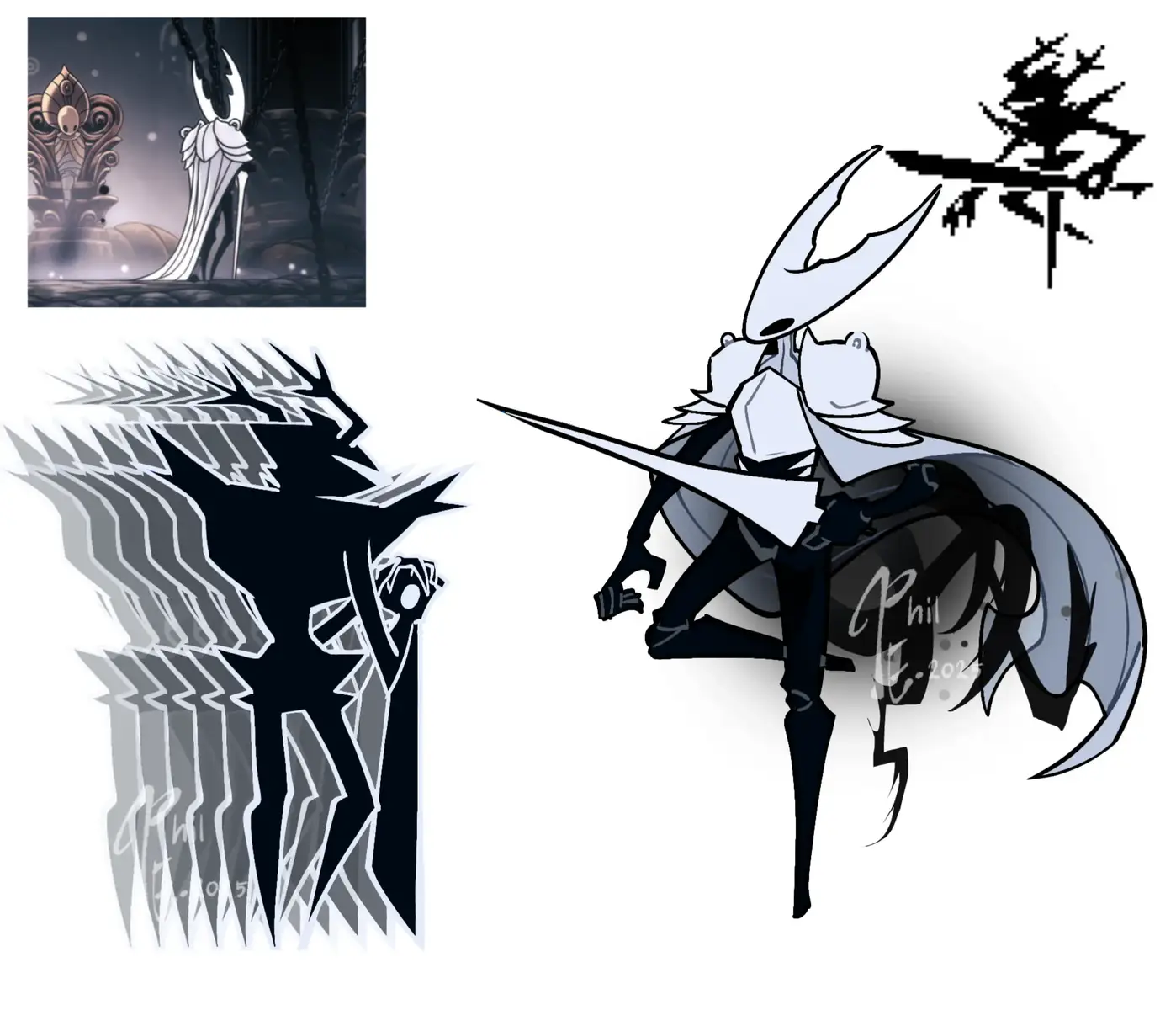 gahd idk, i just thought of this because of how Shakra talks to Hornet and thought of Tenna and Spamton and then it spirals out from there. I'm in these fandoms this year.  #hollowknight #silksong #deltarune #crossover  1. They're the Dark Knights 2. Tenna and BS Spamton but how Shakra talks to Hornet 3. Hornet pulling Lace close because I think they work well here 4. I called Grindle 