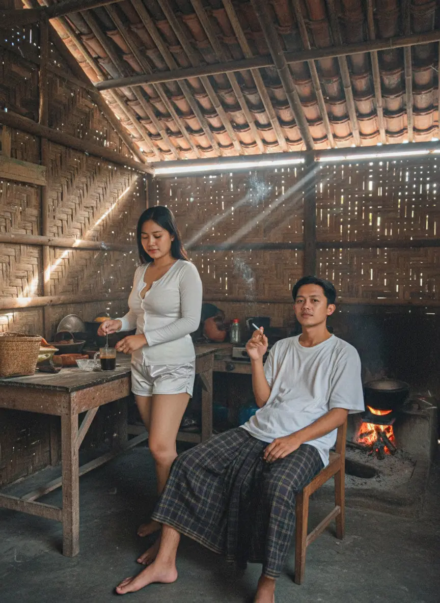 Prompt : /imagine Suasana dapur tradisional pedesaan Indonesia tahun 90-an, dengan dinding bilik bambu bertekstur retak halus, atap genteng tanah liat, tungku kayu bakar menyala dengan asap tipis mengepul, dan lantai semen abu kusam. Cahaya pagi menembus celah genteng dan bilik, jatuh dramatis ke wajah dan tubuh mereka, menyoroti debu tipis yang menari di udara, menciptakan efek cinematic dengan depth-of-field lembut dan tone nostalgic. Seorang wanita muda dengan paras cantik natural, tubuh sedikit berisi proporsional, dada padat. mengenakan piyama putih ketat dengan celana satin sangat pendek, bagian atas terbuka satu kancing santai. Ia berdiri di dekat meja kayu tua sambil mengaduk kopi hitam dalam gelas kaca, sedikit menunduk dengan ekspresi hangat, tampil sederhana dan apa adanya. Di sisi lain, seorang pria muda duduk santai di kursi kayu, mengenakan t-shirt putih oversized dan sarung kotak-kotak panjang hingga bawah lutut, memegang sebatang rokok. Wajahnya sesuai reference, jangan diubah, sedang melihat ke sudut kamera dengan ekspresi tenang namun penuh karakter. Di sekitar mereka terdapat panci hitam tergantung di dinding, ceret tembaga di tungku, talenan kayu, botol kaca berisi rempah. Lipatan natural pada sarung dan piyama menambah detail realistis. Bayangan mereka jatuh dramatis ke lantai, menciptakan nuansa hangat, damai, dan nostalgic, seolah ditangkap menggunakan kamera ponsel dengan pencahayaan alami yang artistik. #AIprompt #AI #GEMINI #photolab #kceut 
