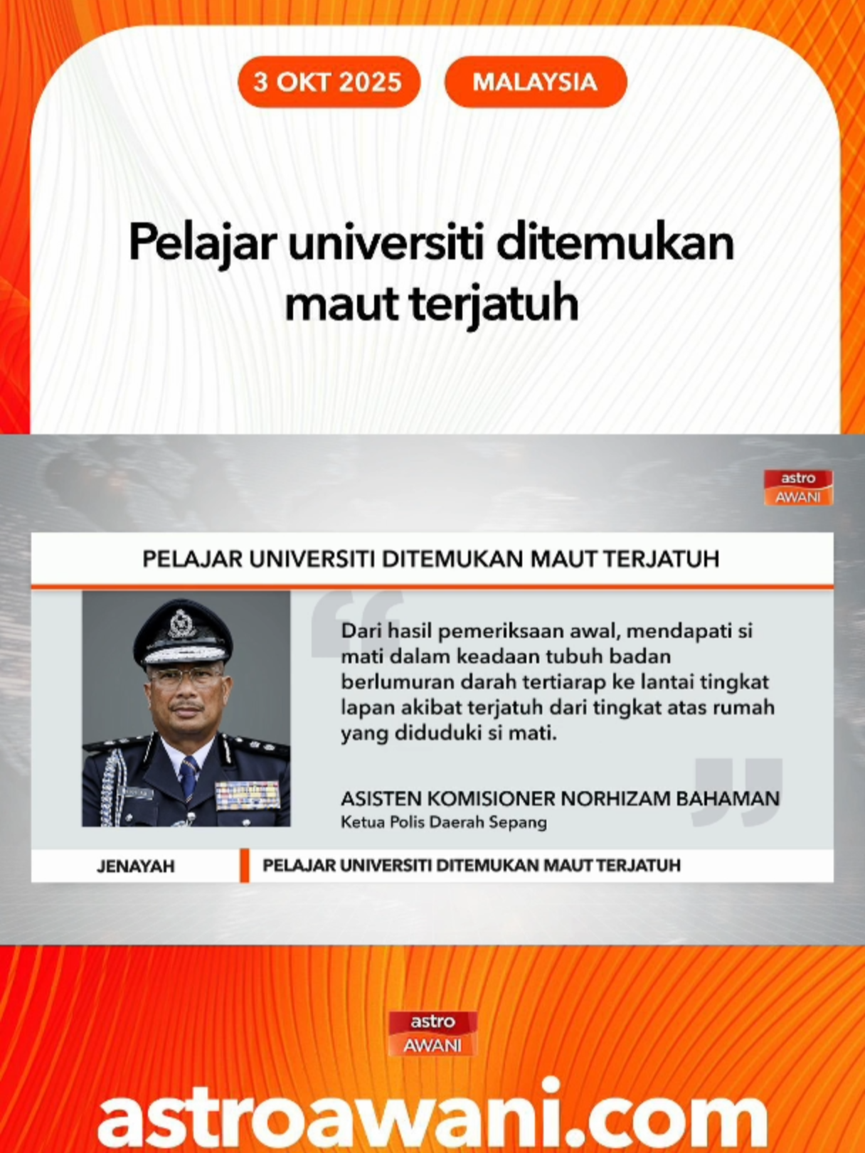 Seorang pelajar universiti tempatan maut selepas dipercayai terjatuh dari tingkat atas sebuah kondominium di Menara 2, di Cyberjaya, pada Khamis. #AWANInews