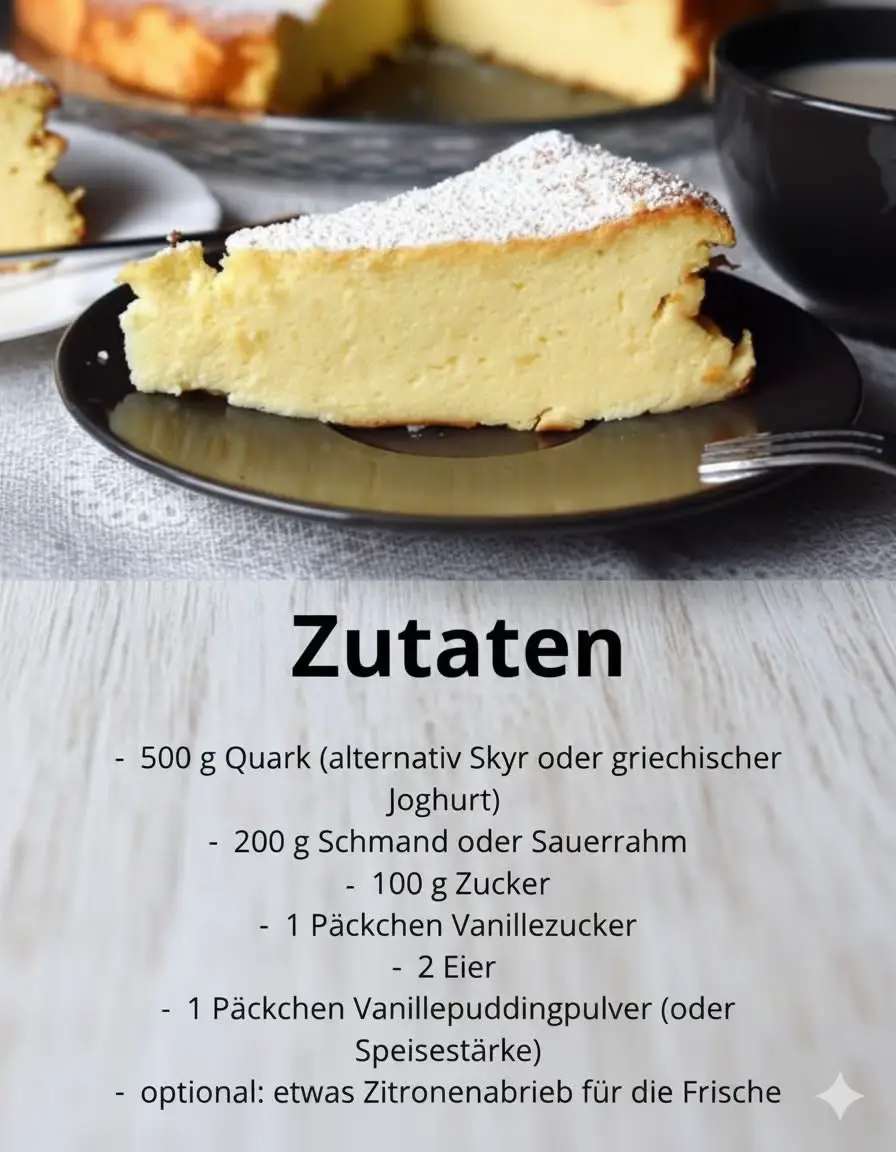🍰✨ Megacremiger Quarkkuchen – in 5 Minuten vorbereitet! Dieser schnelle Quarkkuchen gelingt wirklich jedem und ist bei uns Zuhause ein echter Klassiker. Mit nur wenigen Zutaten zauberst du einen super cremigen Kuchen, der sowohl frisch aus dem Ofen als auch am nächsten Tag köstlich schmeckt. Perfekt, wenn es mal schnell gehen soll! Zutaten: 500 g Quark (alternativ Skyr oder griechischer Joghurt) 200 g Schmand oder Sauerrahm 100 g Zucker 1 Päckchen Vanillezucker 2 Eier 1 Päckchen Vanillepuddingpulver (oder Speisestärke) optional: etwas frisch geriebene Zitronenschale für das Extra an Frische 🍋 Zubereitung: Quark, Schmand, Zucker, Vanillezucker und Eier cremig miteinander verrühren. Puddingpulver oder Stärke unterrühren, bis eine glatte Masse entsteht. In eine gefettete Springform füllen und glattstreichen. Im vorgeheizten Ofen bei 180 °C (Ober-/Unterhitze) ca. 45–50 Minuten backen. Kuchen vollständig auskühlen lassen – dadurch wird er besonders schnittfest und cremig.