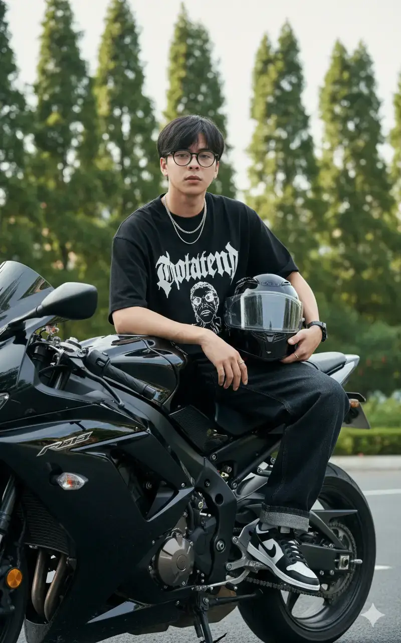 Prompt: Buatkan Potret ultra-realistis seorang pemuda di foto referensi  yang duduk di atas motor sport berwarna hitam mengilap di area luar ruangan dengan latar pepohonan hijau. Ia mengenakan kaos hitam longgar bergambar grafis putih mencolok, celana jeans gelap longgar dengan lipatan di bagian bawah, serta sepatu sneakers Nike hitam putih. Aksesoris yang dikenakan meliputi jam tangan hitam, kalung rantai tipis berlapis dengan rantai lain, dan cincin di jarinya. Tangan kirinya bertumpu santai di paha, sementara tangan kanannya bersandar pada motor sambil memegang helm hitam mengilap dengan visor bening. Motor terlihat detail dengan mesin besar, rangka kuat, serta aksen krom yang berkilau, menonjolkan kesan modern dan bertenaga. Latar belakang memperlihatkan pepohonan tinggi dengan cahaya alami yang lembut, menciptakan perpaduan bayangan dan terang yang seimbang. Ekspresinya tenang dan percaya diri, menatap langsung ke arah kamera. Gaya keseluruhan sinematik dan modis, memadukan nuansa streetwear anak muda dengan kehadiran motor yang gagah. Resolusi tinggi, fotorealistis, gaya editorial. #geminiai #aiart #Ai #prompts #fyp 