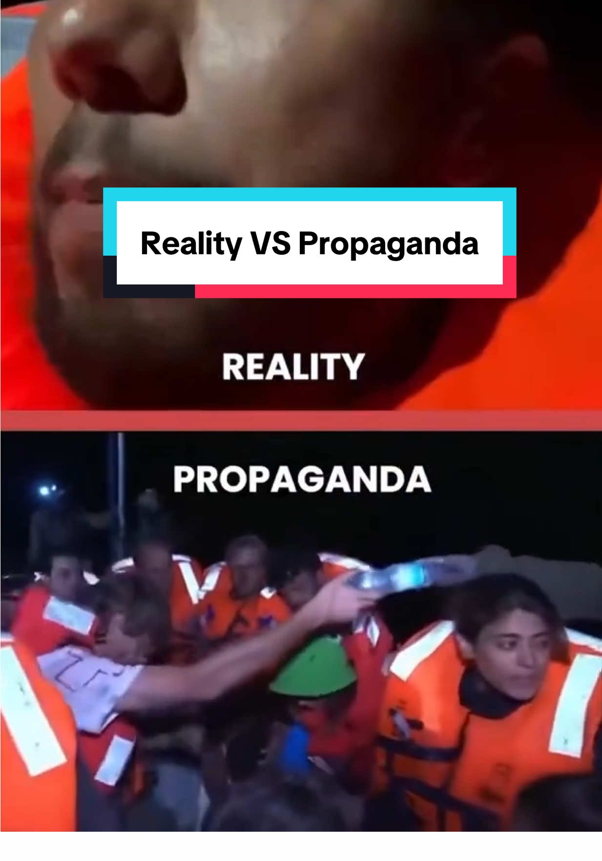 Reality & Propaganda. The Freedom Flotilla, carrying essential aid to the people of Gaza was intercepted by Israeli occupying forces at sea. On camera they can be seen handing food and water to the 12 volunteers. However earlier footage showcased the IOF cutting the boats communications, spraying them with an unknown substance and flvina drones around their ship. #humanity #globalsumudflotilla #propaganda #stopgenocideingaza #fyp 
