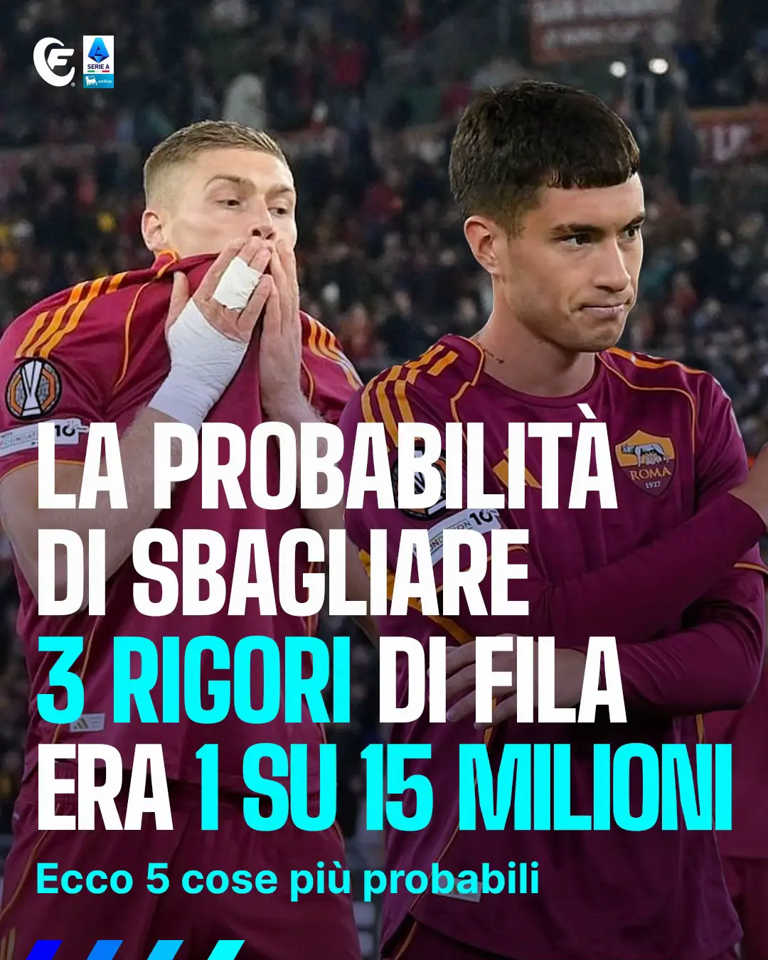 Ha del paranormale ciò che è successo ieri allo Stadio Olimpico. La sequenza rigore-rigore sbagliato-rigore ripetuto-rigore sbagliato-rigore ripetuto-rigore sbagliato potrebbe accadere una volta ogni 15 MILIONI di partite. Nati troppo tardi per assistere alla rivoluzione francese, troppo presto per vedere l’uomo su Marte, nel momento aggiusto per assistere a questo capolavoro. #roma #el #tiktokcalcio 