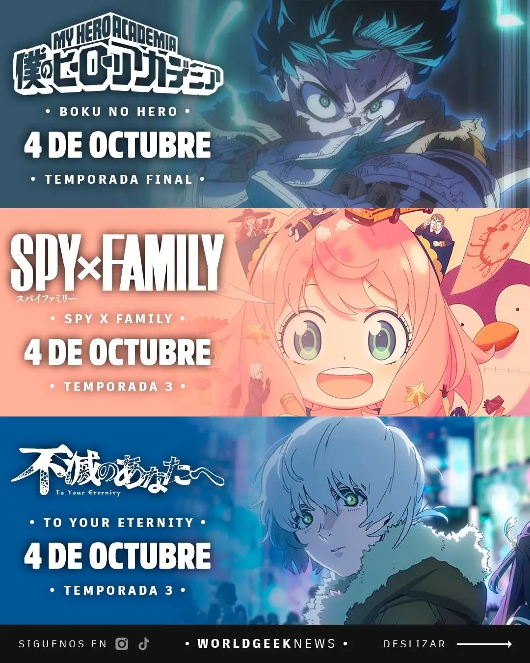 La temporada de anime de otoño 2025 viene recargada con estrenos esperadísimos, tanto en la televisión japonesa 📺 como en plataformas globales como Netflix 🍿 y Disney+ 🏰. Octubre será un mes clave para los fanáticos del anime, con nuevas historias llenas de acción 💥, fantasía 🧚, drama 😢, y comedia 🤣, además de secuelas muy esperadas que prometen dominar las conversaciones. 📌 Entre los más destacados están: 🦸‍♂️ My Hero Academia: Final Season (4 de octubre) – El épico cierre de uno de los shonen más populares de la última década. ¡Plus Ultra por última vez! 💥🎓 🕵️‍♂️👧🐶 SPY x FAMILY Temporada 3 (4 de octubre) – La familia Forger vuelve con nuevas misiones, secretos y caos adorable. 🎩🍼 🌀 To Your Eternity Temporada 3 – Fushi regresa en una nueva etapa de su viaje emocional a través de la eternidad. 😭🌍 👊 One Punch Man Temporada 3 – ¡Saitama vuelve a romper todo de un solo golpe! Acción épica garantizada y humor absurdo a otro nivel. 🧼💪 🥋 Ranma ½ (Temporada 2 – Netflix) – El clásico de Rumiko Takahashi regresa con nueva animación y su inconfundible mezcla de romance y comedia marcial. 🐼💧 🎩🃏 Disney Twisted-Wonderland: Episode of Heartslabyul (29 de octubre) – Villanos icónicos de Disney reimaginados en una academia mágica al estilo anime. ✨📚 🚀 Star Wars: Visions Volumen 3 (29 de octubre – Disney+) – Nuevas historias animadas que reimaginan el universo de Star Wars desde perspectivas únicas. 🌌🎨 #anime #animetok #bokunohero #otaku #viraltiktok 