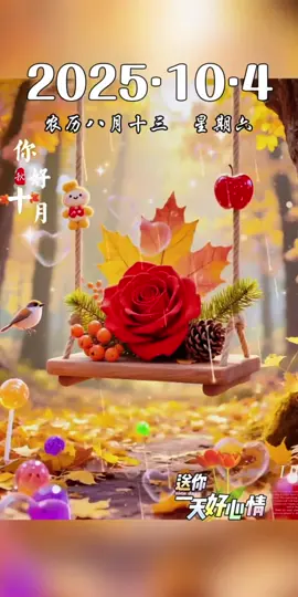 今天是10月4日星期六，农历八月十三。最美的风景，是眉眼间的笑意。阳光暖身，问候暖心，皆是温柔。生活平淡，却因真情而闪光。金秋十月，愿你我步履轻盈。愿所有日子都写满快乐与希望。早安！ #早安 #暖心 #情感语录 #分享 #祝福