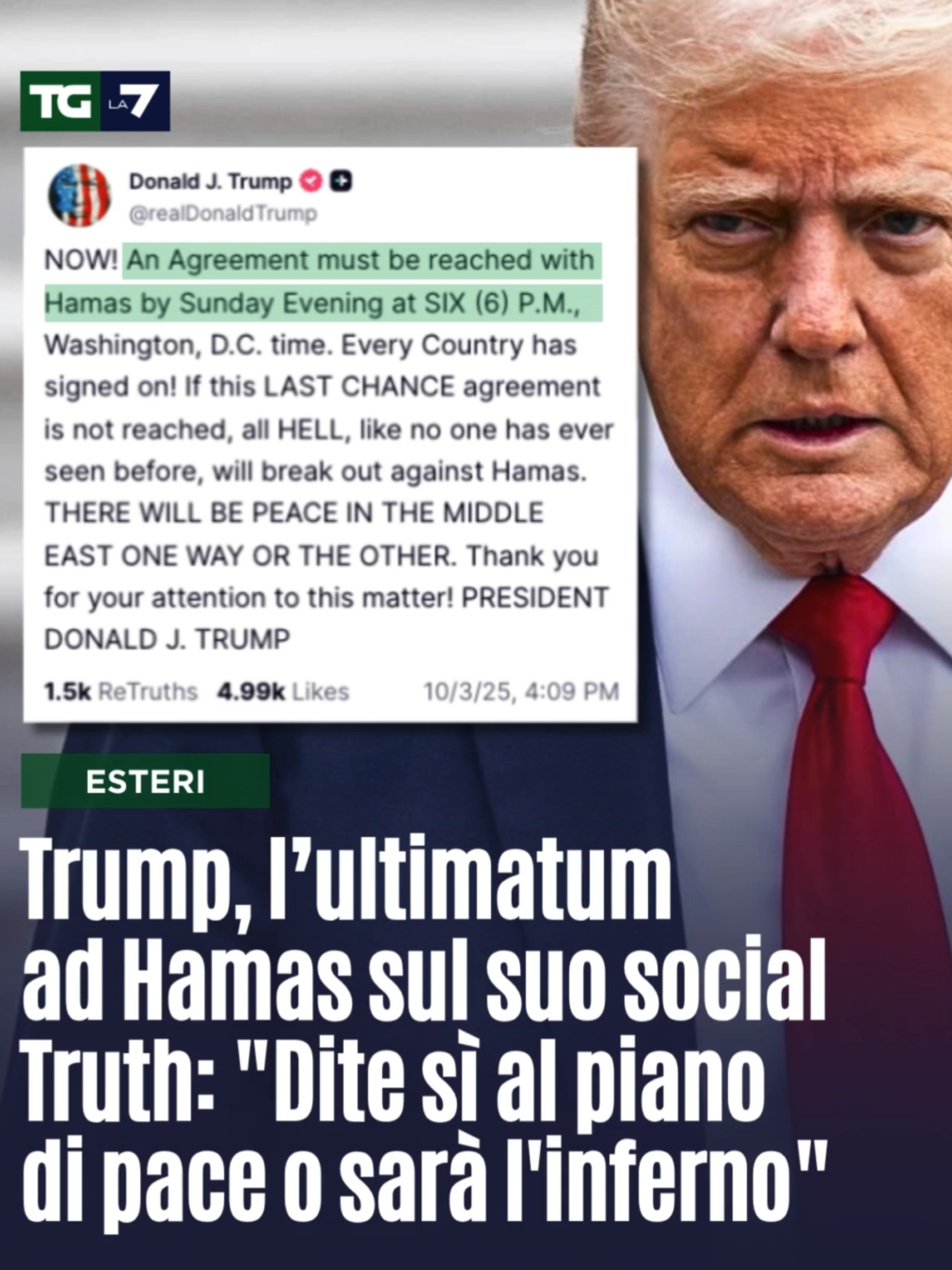 L'ultimatum di Trump ad Hamas sta tutto in un post su truth, il social del presidente Usa. Hamas dica sì al piano di pace entro domenica o sarà un inferno. E ancora una minaccia: sappiamo chi siete. Sarete uccisi. Rendete gli ostaggi. 