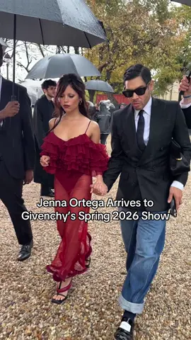 #JennaOrtega is conjuring fall in her latest burgundy red look while attending #Givenchy’s #ParisFashionWeek spring 2026 show.