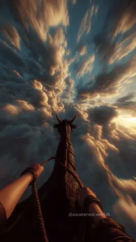 Dragon rider flies through a beautiful sea of clouds.  #fantasy #pov #dragon #magic #medievaltiktok 