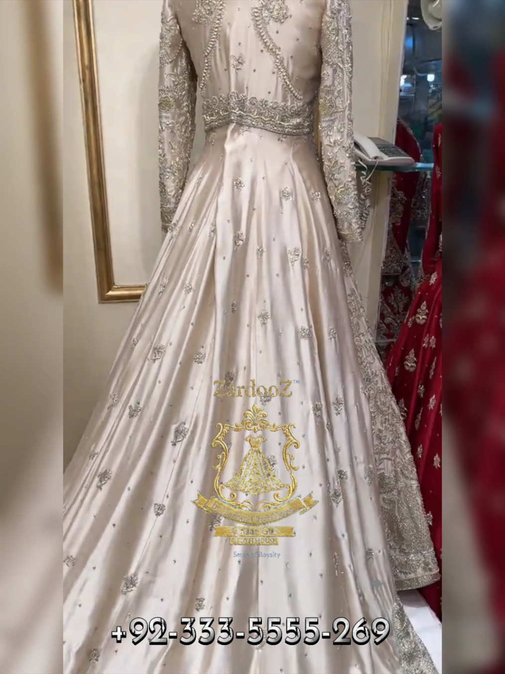 You can customize your wedding dress according to your exact requirements, including color, fabric, and other details. Each piece is entirely hand-embellished, so please allow adequate time for production. We offer worldwide delivery. To place an order or make an inquiry, please contact us at the given number or via WhatsApp at +92 333 5555 269. Thank you.