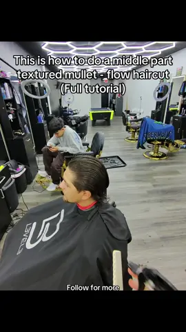 Full tutorial How to do a middle part textured flow mullet  Here you have it the full tutorial with detail explaining I dropped my techniques and how to create texture on a mullet using shear work #education #barber #tutorial #fyp #shearwork 